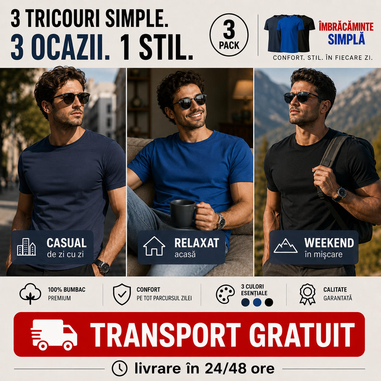 Beneficii set 3 tricouri bărbați din bumbac regular fit